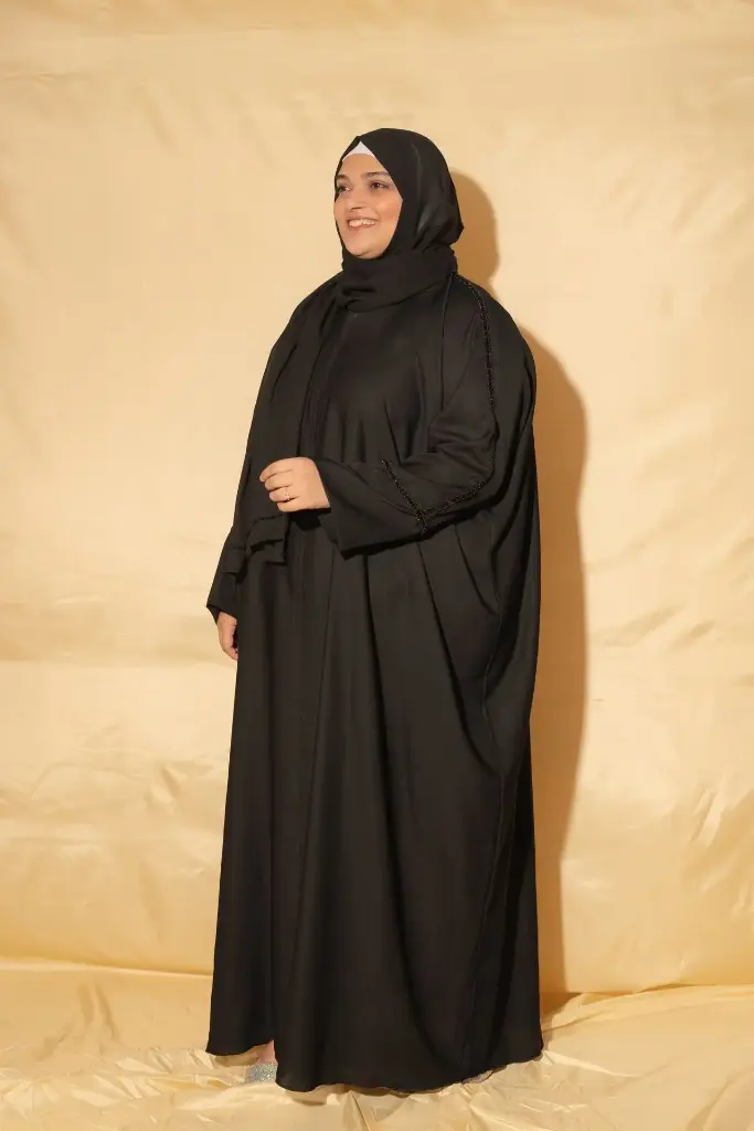 Partywear Abaya – All Black Moti Work Embroidery (With Hijab)